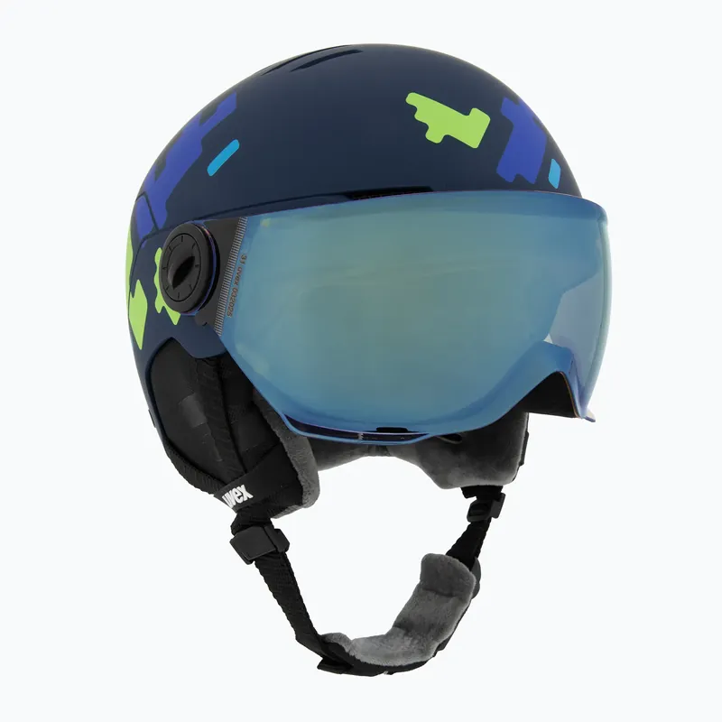 Objednat Nyní Dětská lyžařská helma UVEX Rocket Visor Jr blue puzzle matt/mirror blue/smoke