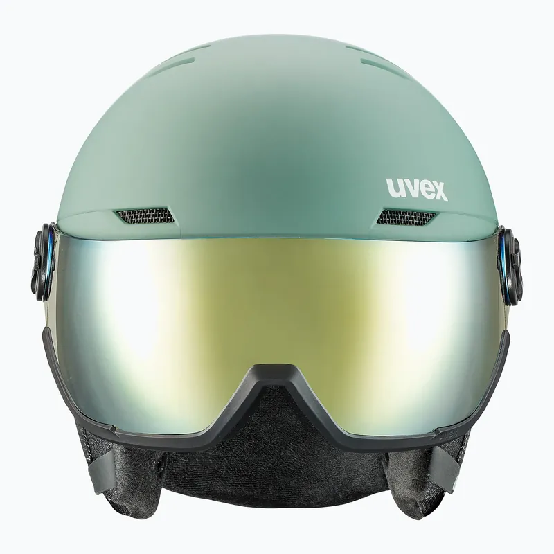 Akce Lyžařská helma UVEX Wanted Visor oxid green matt/mirror gold/smoke