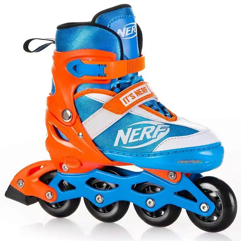 Sleva Spokey HASBRO STRIVE Kolečkové brusle, modro-oranžové, zn. NERF, ABEC7 Carbon, vel. 28-37