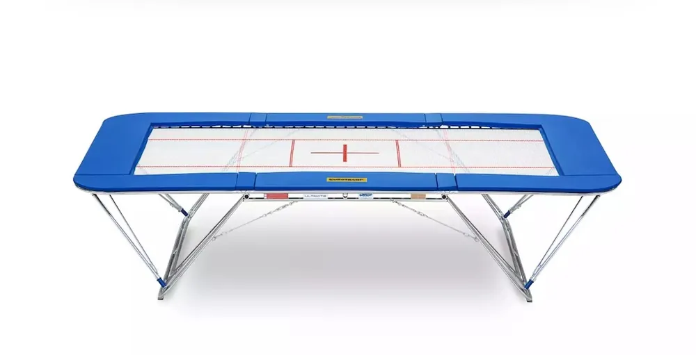 Nejprodávanější Soutěžní trampolína Ultimate 5x4, 50mm vč. zvedacího vozíku na kolečkách - Certifikace FIG