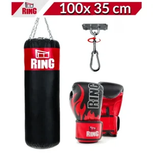 Dětský boxovací SET RING SPORT, pytel 100 x 35 cm 25 kg, rukavice, držák, červený Kup Teď