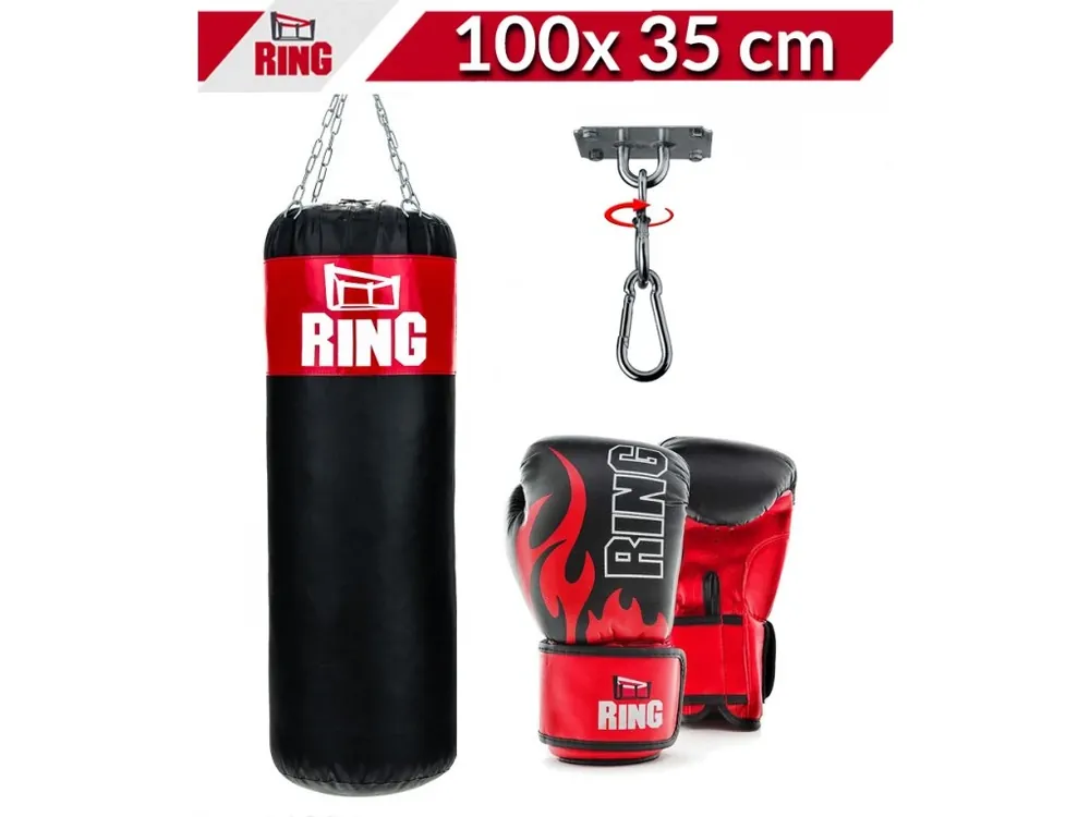 Dětský boxovací SET RING SPORT, pytel 100 x 35 cm 25 kg, rukavice, držák, červený Kup Teď