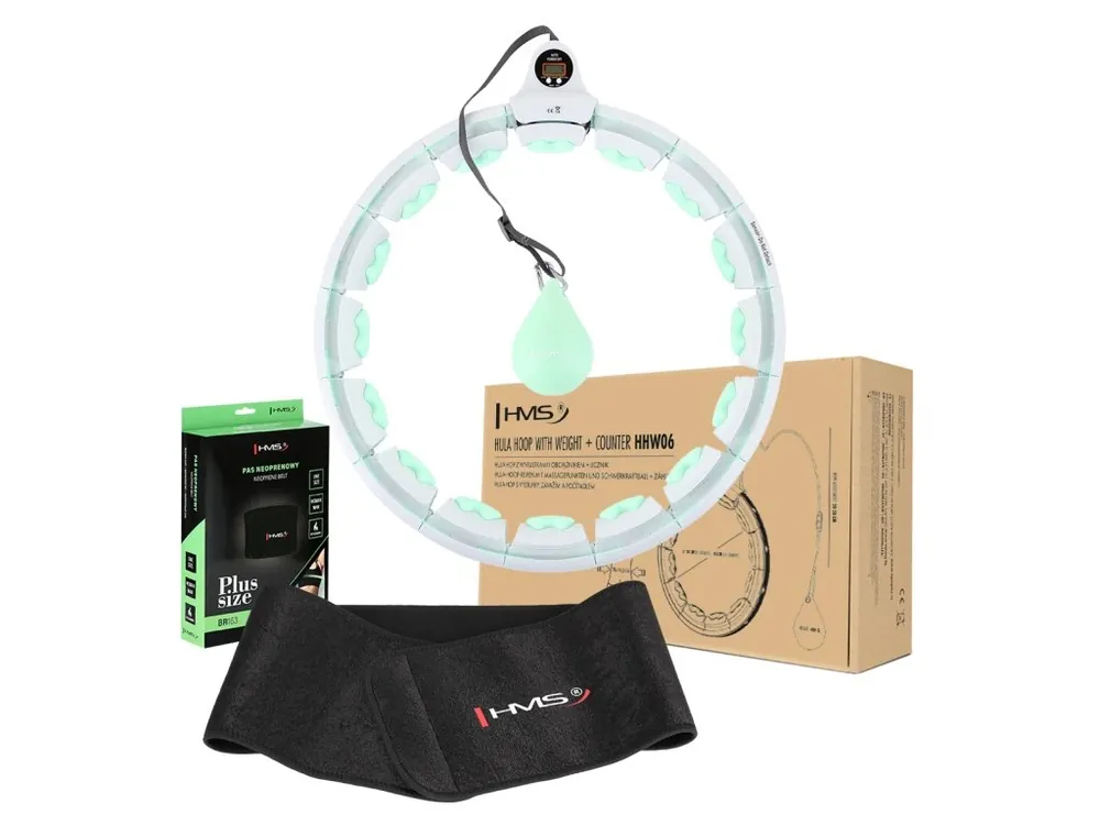 Sada masážní hula hoop HMS HHW06 zelená se závažím a počítadlem a zeštíhlujícího pásu BR163 plus size Výhodná Nabídka