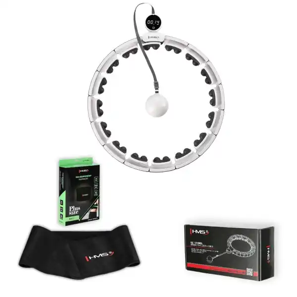 Sada masážní hula hoop HMS HHM16 bílá se závažím, magnety a počítadlem a zeštíhlujícího pásu BR163 PLUS SIZE Must-Have