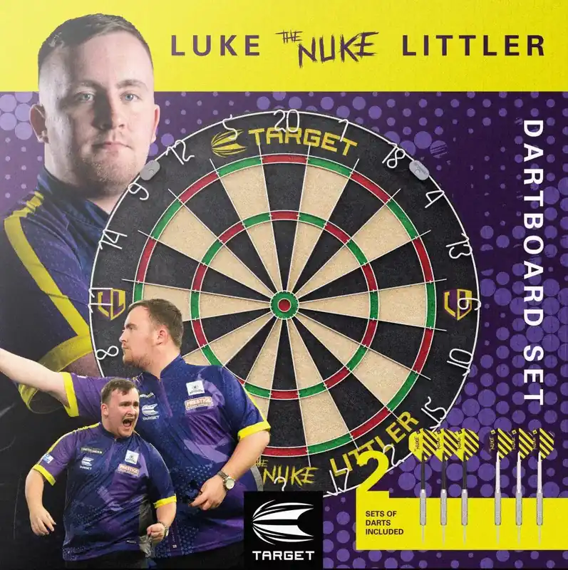 Vrácení Zdarma Šipkářský set Target Target Luke Littler - The Nuke, terč, 2 sady šipek a odhodová čára