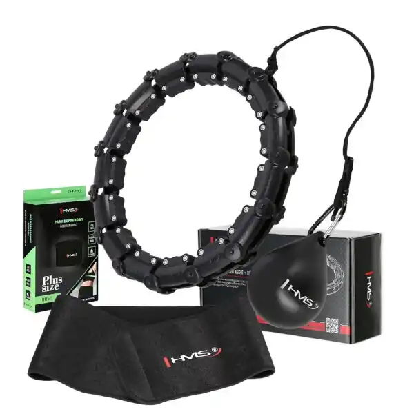 Cenový Hit Sada černé masážní Hula Hoop se závažím HMS HHW11 a zeštíhlujícího bederního pásu HMS BR163 PLUS SIZE